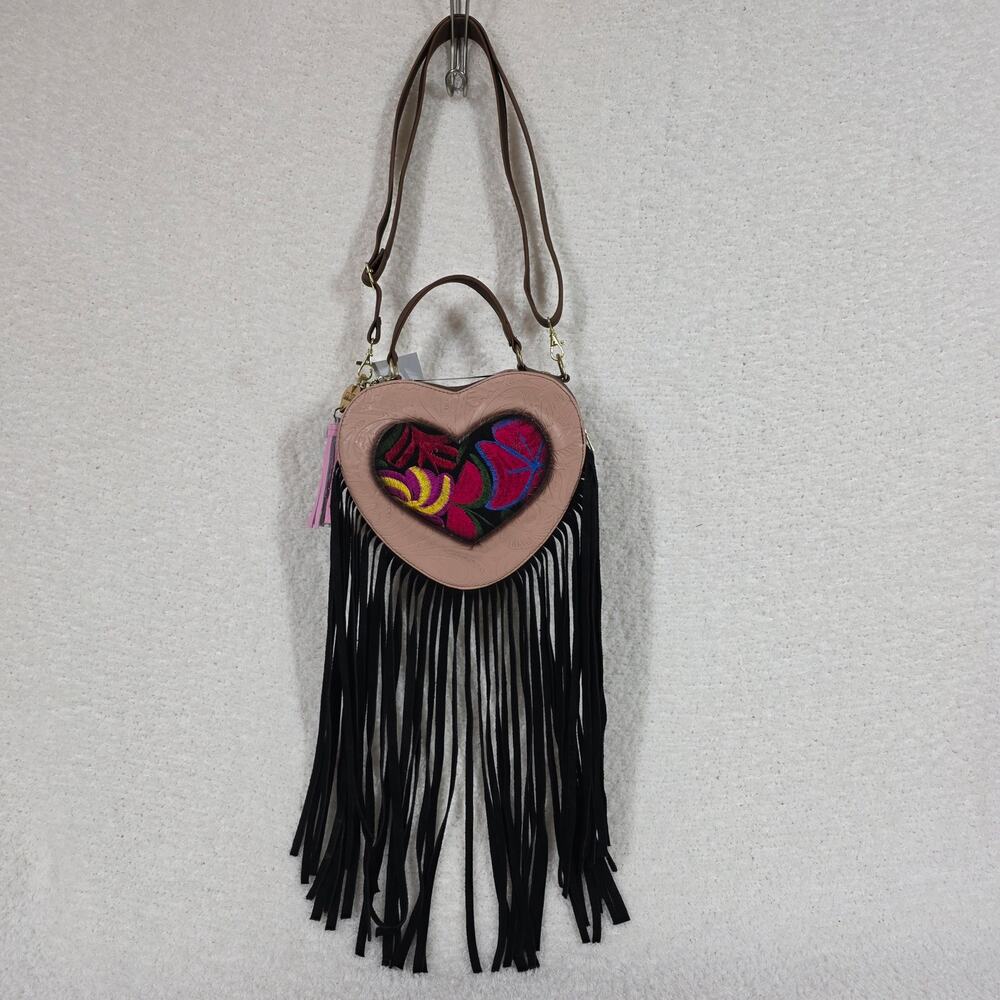 Mexican Tooled Pink Embroidered Leather Heart-Shaped with Fringe Crossbody Bag